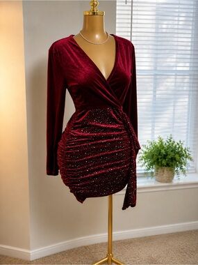 Burgundy Velvet Wrap-Front Long Sleeve Mini Dress
